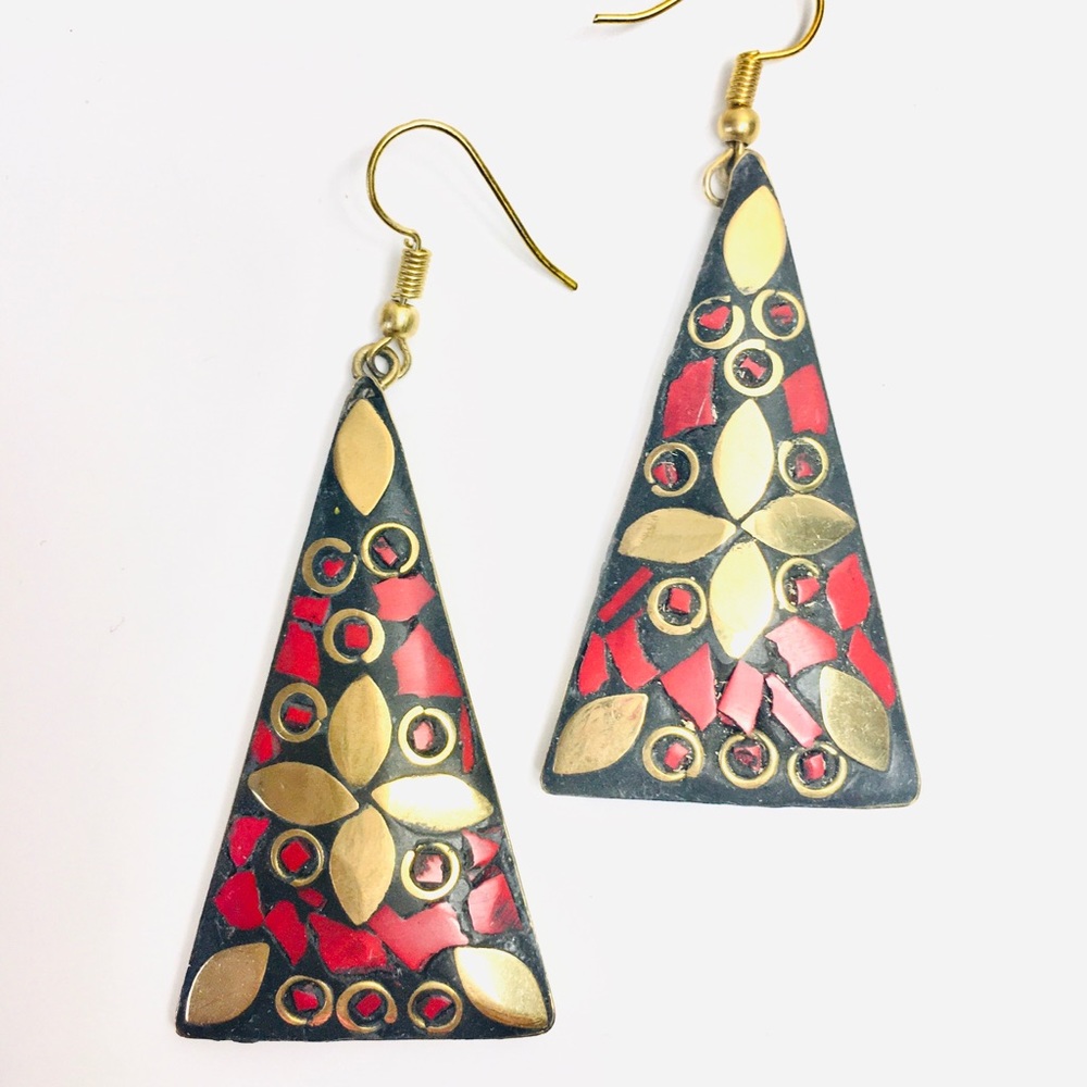 Handmade mosaic dangle hoop earrings red gold